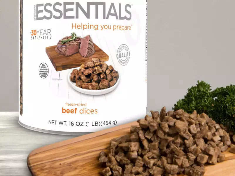 Freeze Dried Cooked Beef Dices, 30yr Shelf Life