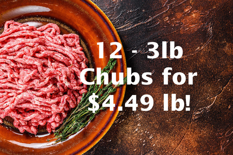 OVERSTOCK: 36lbs 73/27 Natural Ground Beef (12-3lb Chubs Per Case)
