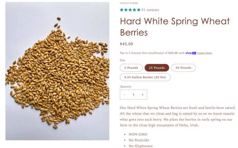 NEW: Local 25lb - 50LB Local Hard White and Red Wheat, Non-GMO, Pesticide Free