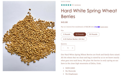 NEW: Local 25lb - 50LB Local Hard White and Red Wheat, Non-GMO, Pesticide Free