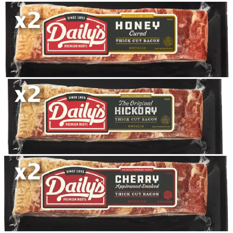 Limited Time NEW Flavors: 6pk Variety Thick Cut Bacon Gift Sampler (9lbs) Cherrywood, Hickory and Honey Flavors