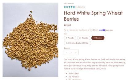 NEW: Local 25lb - 50LB Local Hard White and Red Wheat, Non-GMO, Pesticide Free