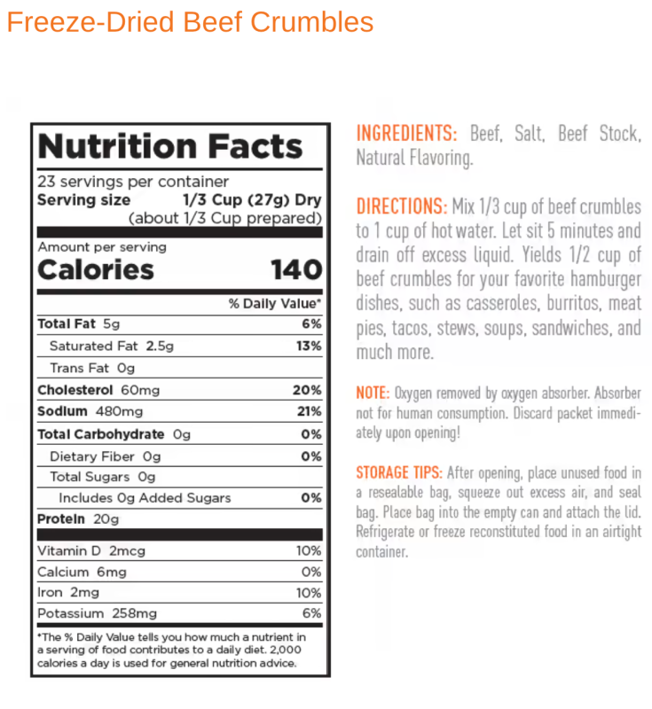 OVERSTOCK: Freeze Dried Cooked Beef Crumbles, 25yr Shelf Life