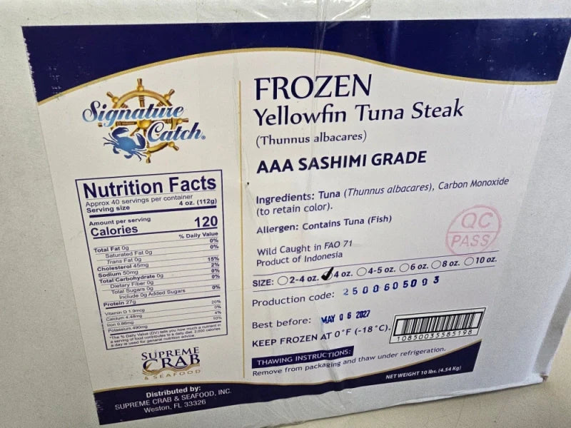 RESTOCKED: 10 lb case: 8oz. Wild Caught Tuna Steaks, Grade AAA (Sushi Grade)