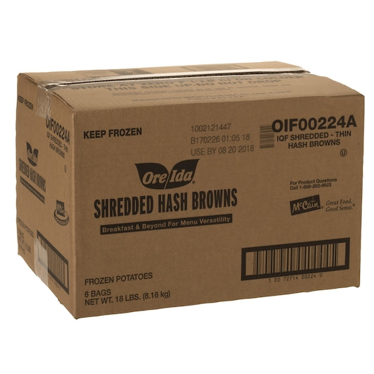NEW: 18 lbs Ore-Ida  Frozen Shredded Thin Hash Browns, packaged 3 lbs-6 per case