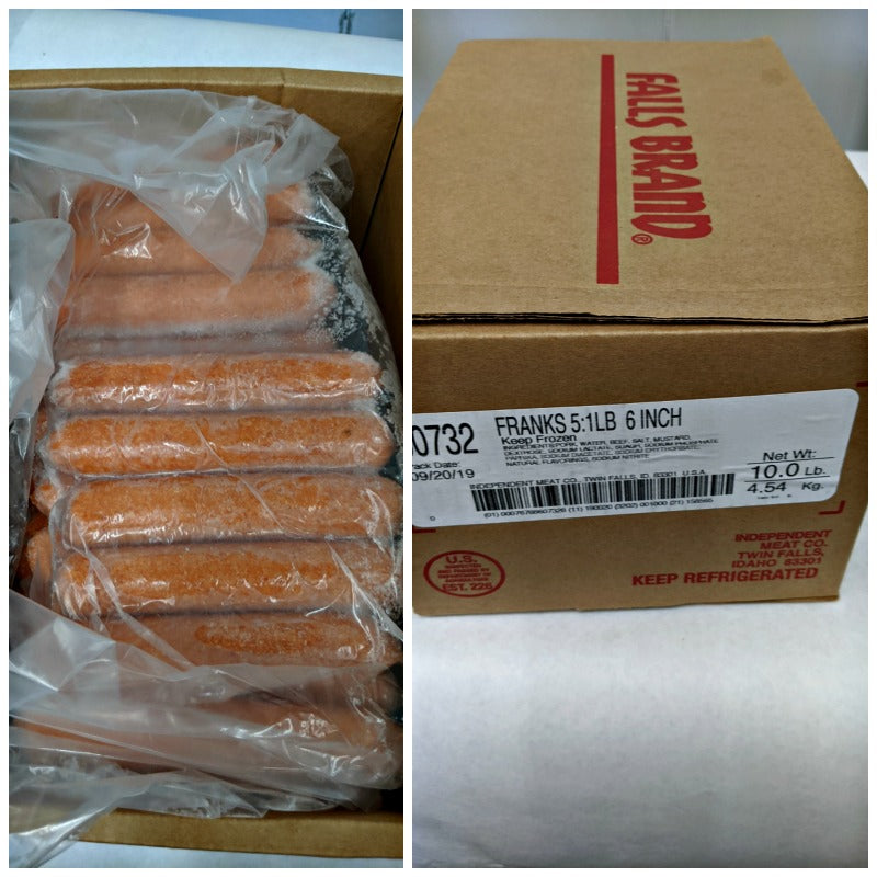 10 lb Case of 5:1 Beef and Pork Hot dogs, Falls Brand Independent Meat Co, Twin Falls, ID