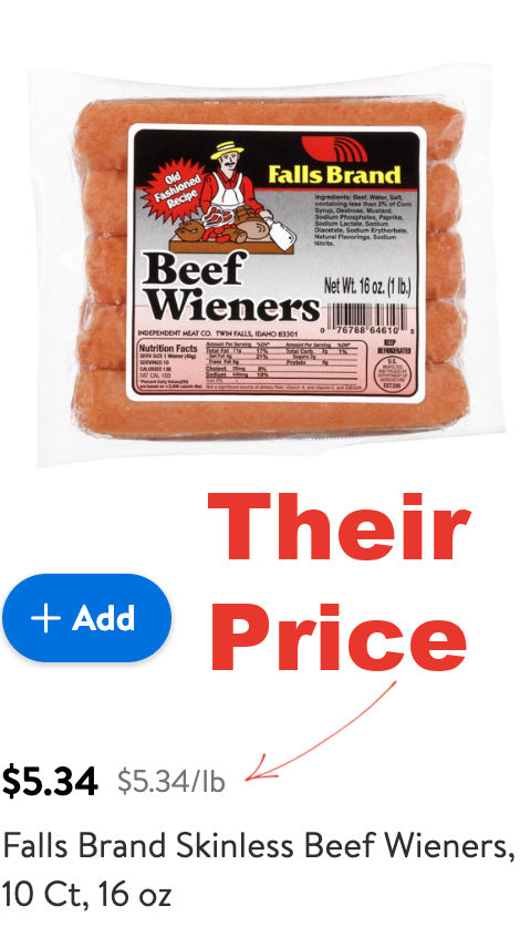 10 lb Case of 5:1 Beef and Pork Hot dogs, Falls Brand Independent Meat Co, Twin Falls, ID
