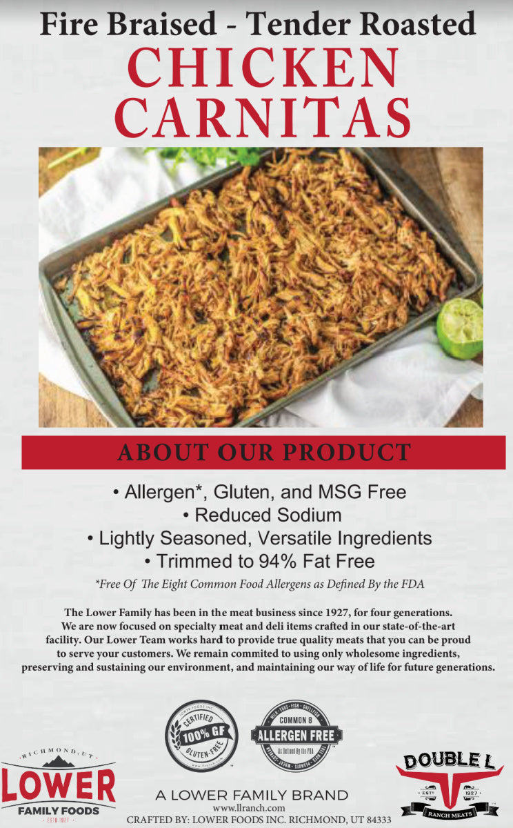 OVERSTOCK: 10ish lb case of Natural, Fully Cooked Chicken Thigh Carnitas Meat (Gluten Free and Free of Top 8 Allergens)