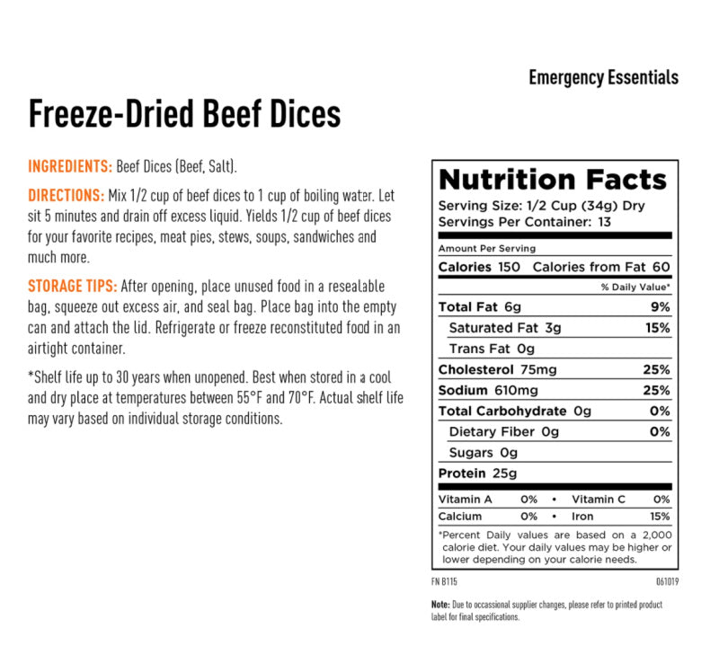 Freeze Dried Cooked Beef Dices, 25yr Shelf Life