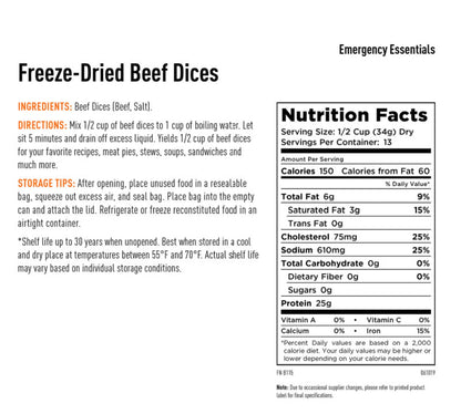 Freeze Dried Cooked Beef Dices, 25yr Shelf Life