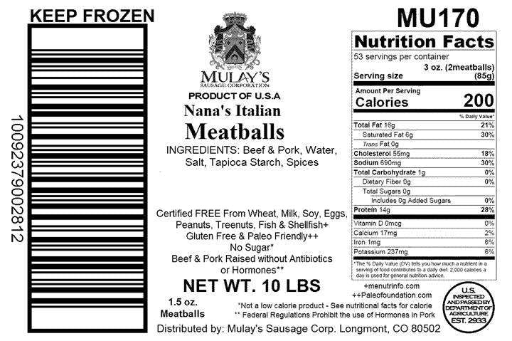 10 lb Case Mulay's Nana's Italian Meatballs, Clean Pork, Allergen Free