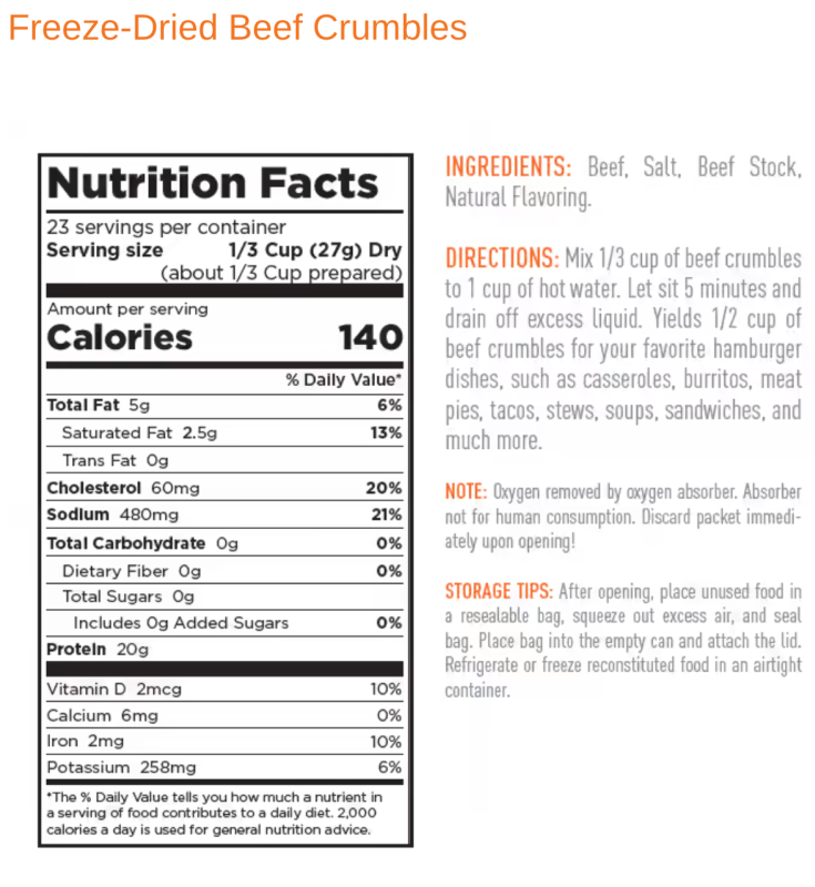 Freeze Dried Cooked Beef Crumbles, 25yr Shelf Life