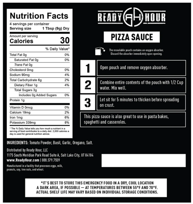 NEW: 18 Pouches of Pizza Freeze Dried Meal Kit from Ready Hour (25-Year Shelf Life), makes 6 Pizzas