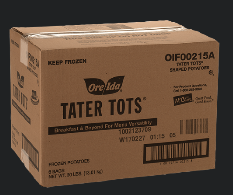 30 lb Case Ore-Ida Tater Tots, packaged in 6-5 lb bags